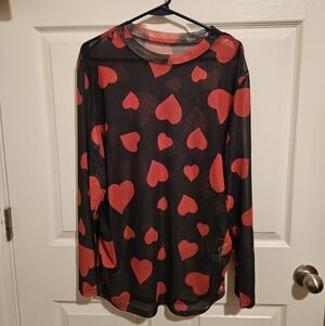 SHEIN Black Sheer Long-Sleeve Top with Red Hearts